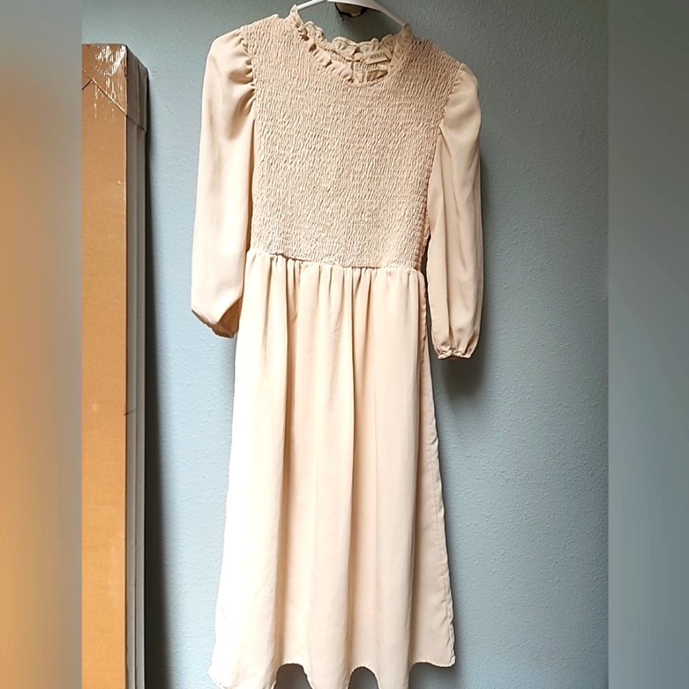 Roolee Smocked Cream Midi Dress
